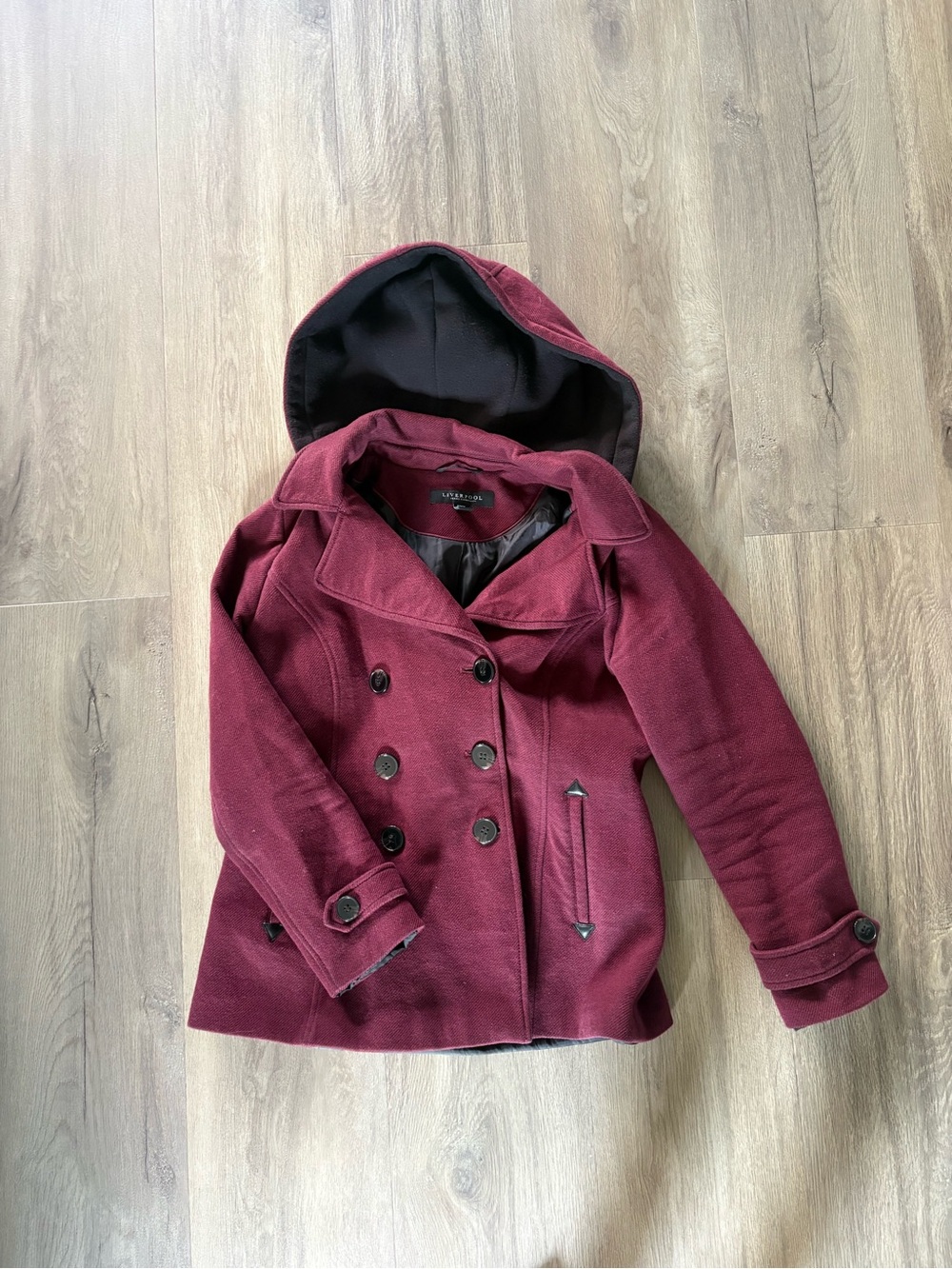 Liverpool Jeans Company Burgundy Hooded Double-Breasted Pea Coat